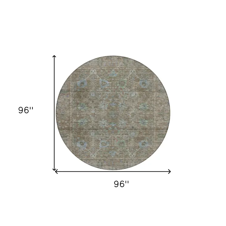 8' Brown And Blue Round Oriental Washable Indoor Outdoor Area Rug