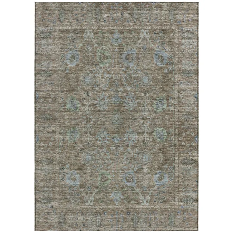 8' X 10' Brown And Blue Oriental Washable Indoor Outdoor Area Rug