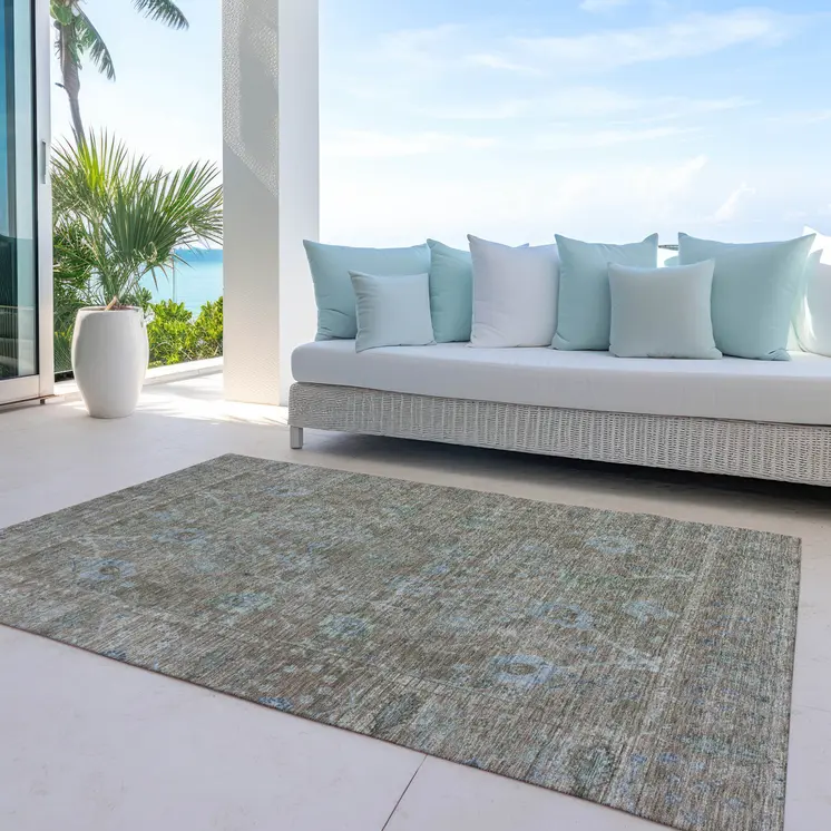 8' X 10' Brown And Blue Oriental Washable Indoor Outdoor Area Rug