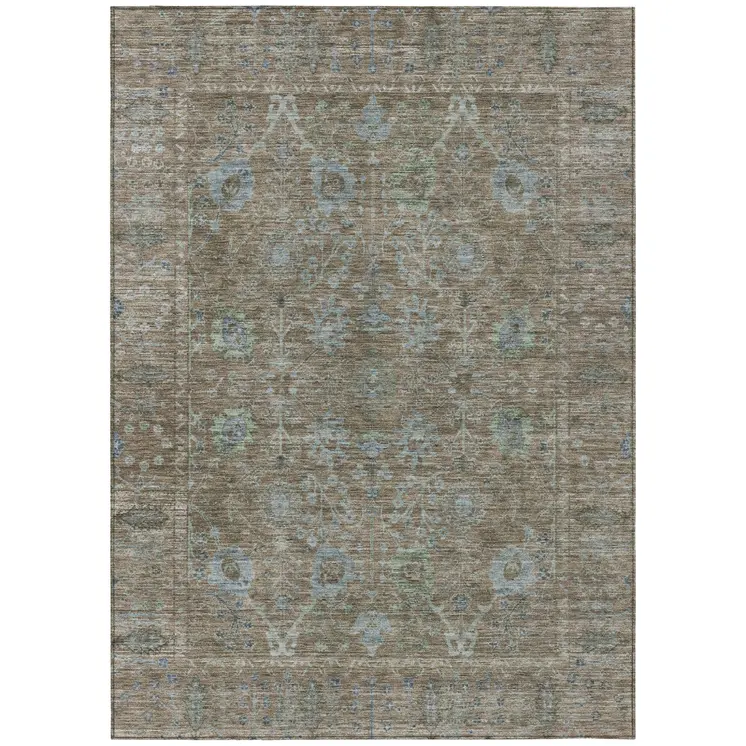 8' X 10' Brown And Blue Oriental Washable Indoor Outdoor Area Rug