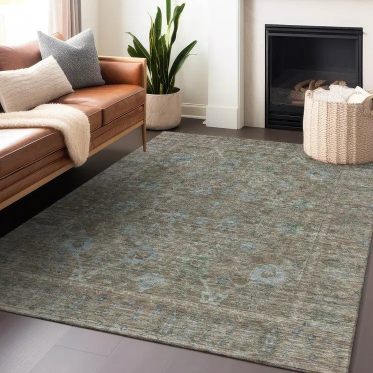 8' X 10' Brown And Blue Oriental Washable Indoor Outdoor Area Rug