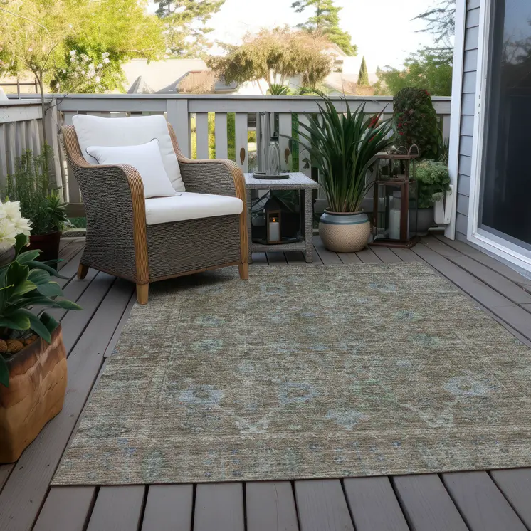 10' X 14' Brown And Blue Oriental Washable Indoor Outdoor Area Rug