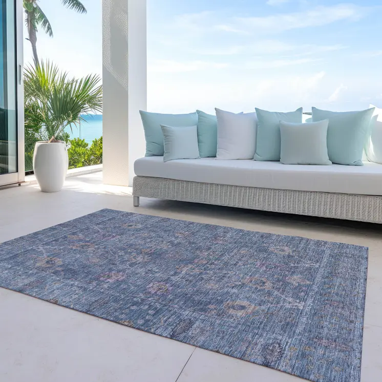 3' X 5' Blue Brown And Purple Oriental Washable Indoor Outdoor Area Rug