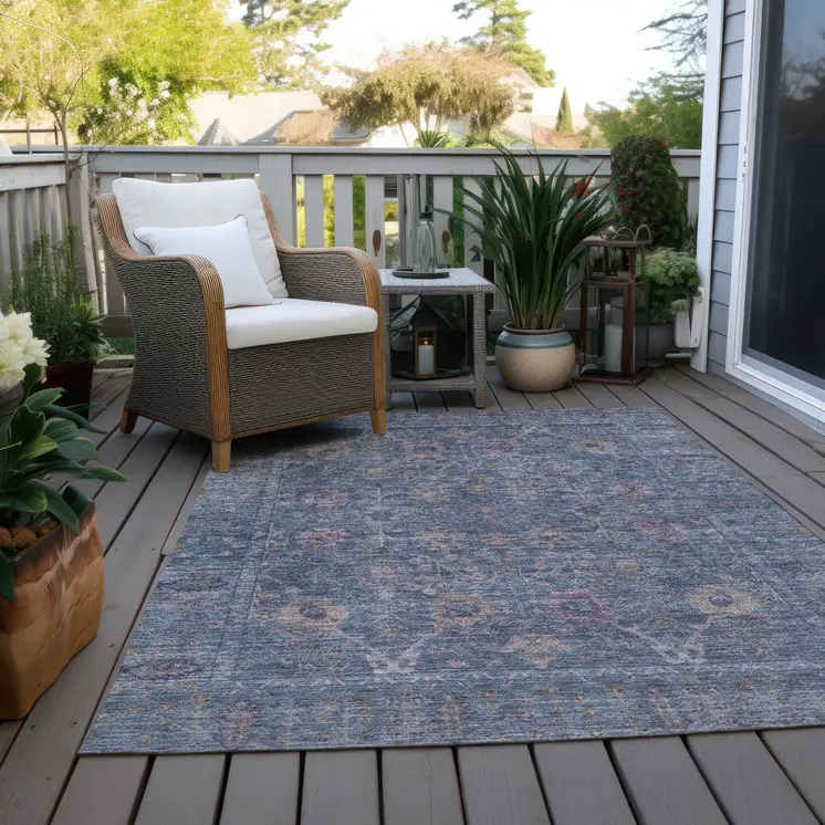 3' X 5' Blue Brown And Purple Oriental Washable Indoor Outdoor Area Rug