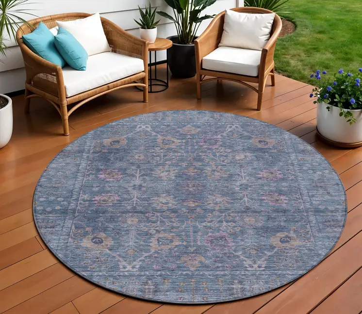 8' Blue Brown And Purple Round Oriental Washable Indoor Outdoor Area Rug