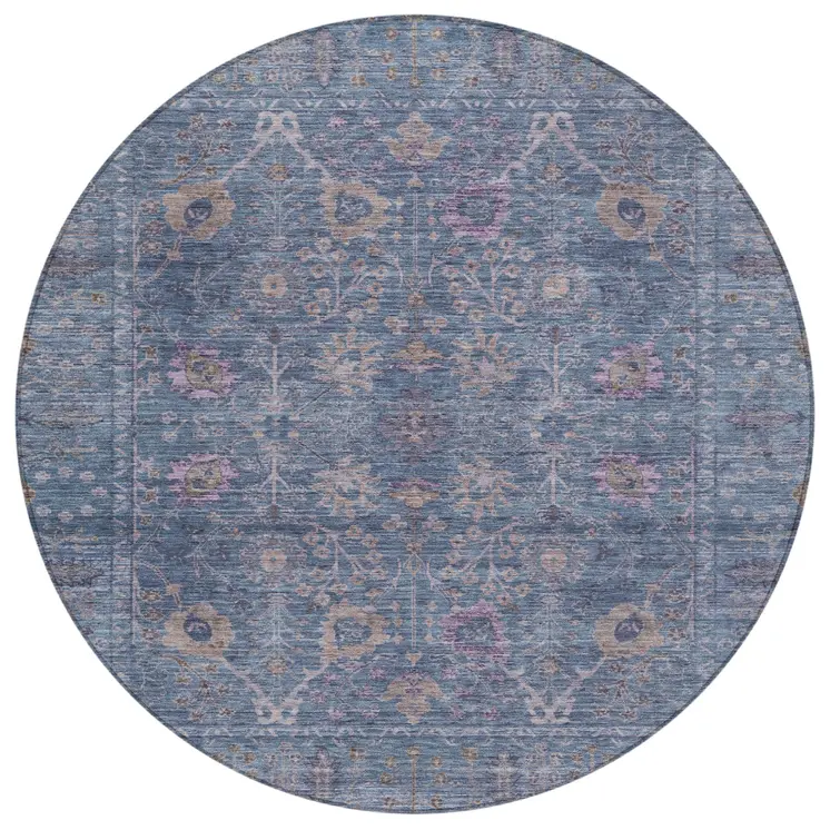 8' Blue Brown And Purple Round Oriental Washable Indoor Outdoor Area Rug