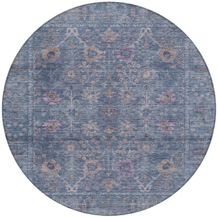 8' Blue Brown And Purple Round Oriental Washable Indoor Outdoor Area Rug
