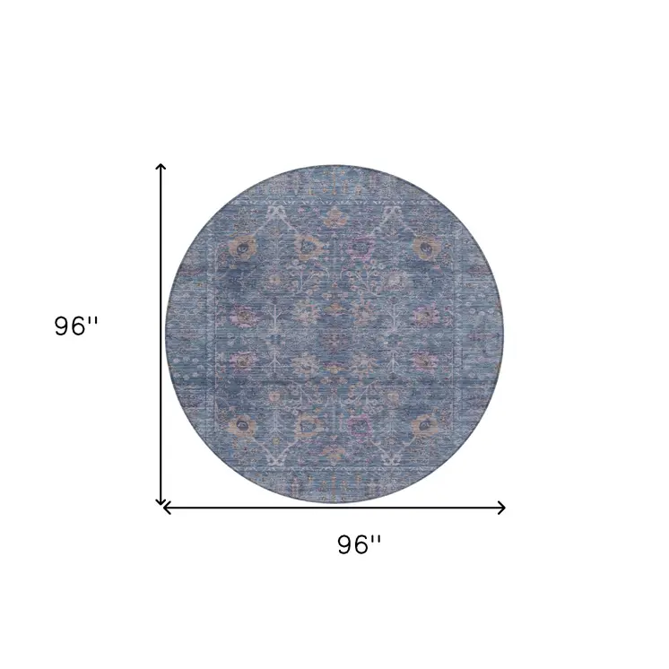 8' Blue Brown And Purple Round Oriental Washable Indoor Outdoor Area Rug