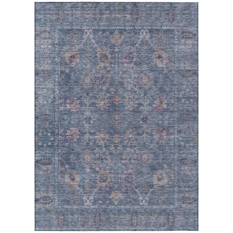 10' X 14' Blue Brown And Purple Oriental Washable Indoor Outdoor Area Rug
