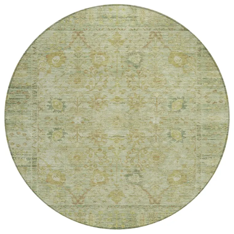 8' Sage Green And Brown Round Oriental Washable Indoor Outdoor Area Rug