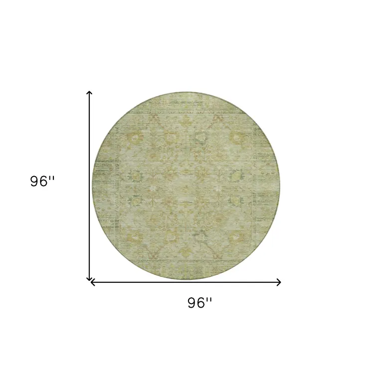 8' Sage Green And Brown Round Oriental Washable Indoor Outdoor Area Rug