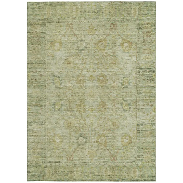 9' X 12' Sage Green And Brown Oriental Washable Indoor Outdoor Area Rug