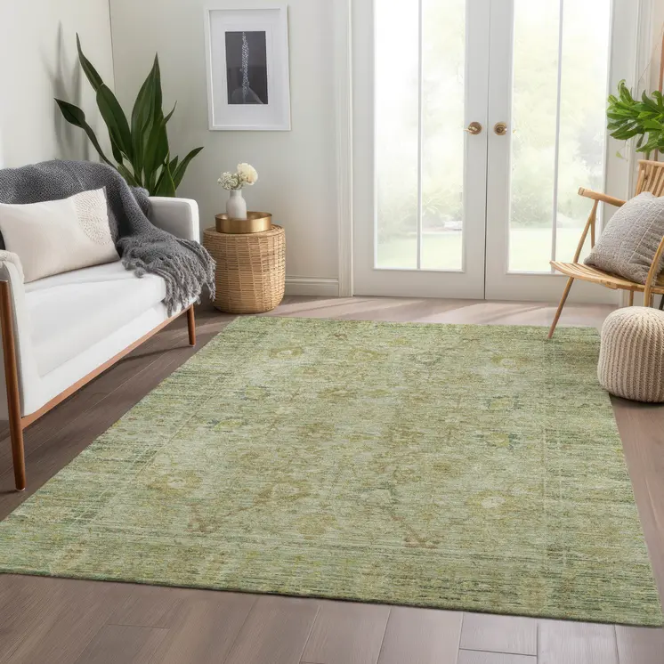 9' X 12' Sage Green And Brown Oriental Washable Indoor Outdoor Area Rug