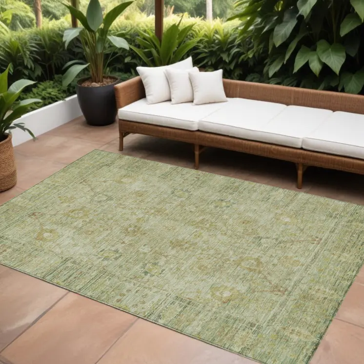 10' X 14' Sage Green And Brown Oriental Washable Indoor Outdoor Area Rug