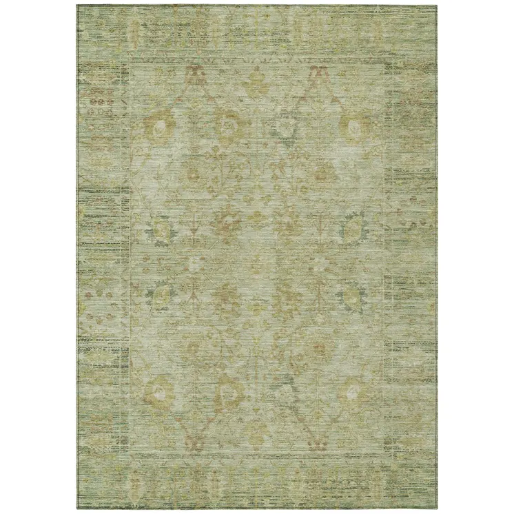 10' X 14' Sage Green And Brown Oriental Washable Indoor Outdoor Area Rug