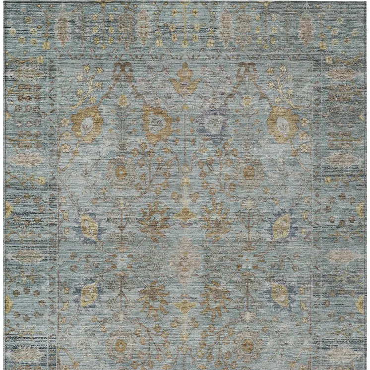 5' X 8' Teal Blue Gold And Beige Oriental Washable Indoor Outdoor Area Rug