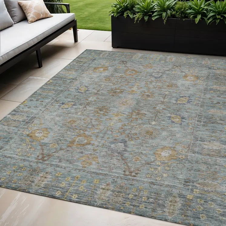 5' X 8' Teal Blue Gold And Beige Oriental Washable Indoor Outdoor Area Rug