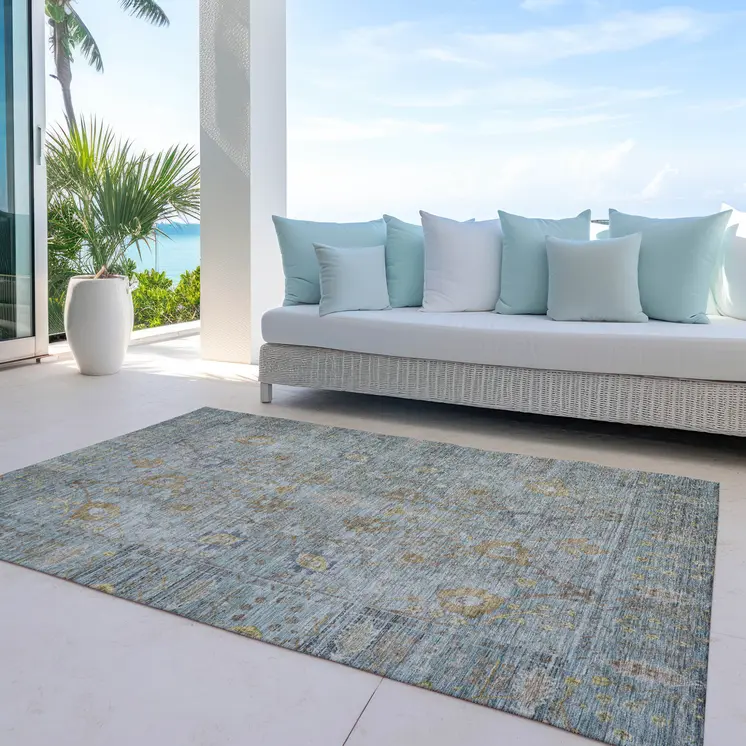 5' X 8' Teal Blue Gold And Beige Oriental Washable Indoor Outdoor Area Rug