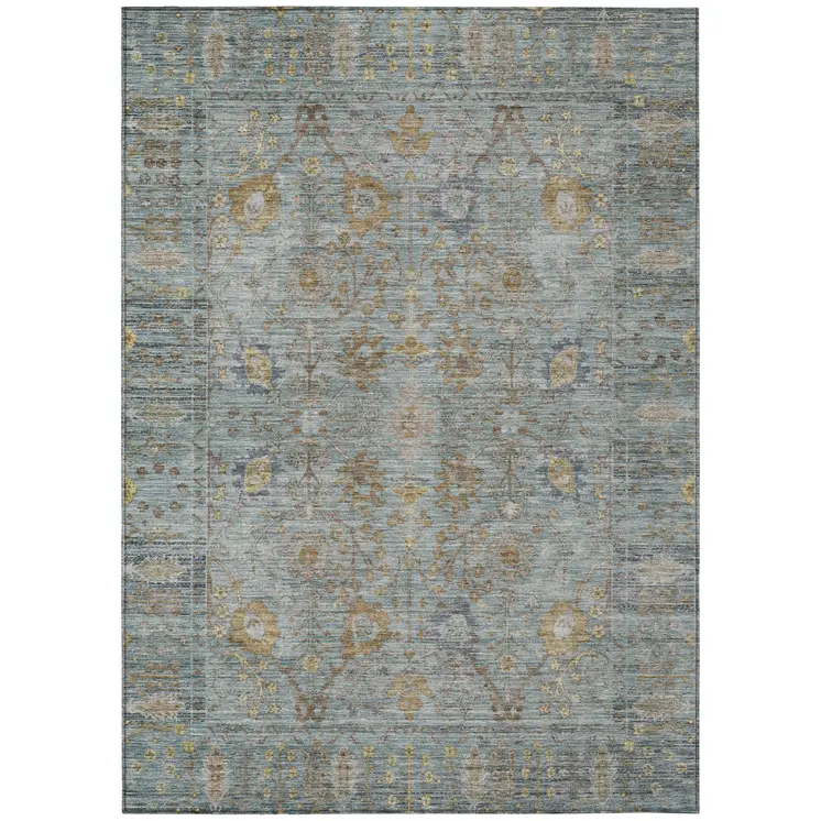5' X 8' Teal Blue Gold And Beige Oriental Washable Indoor Outdoor Area Rug