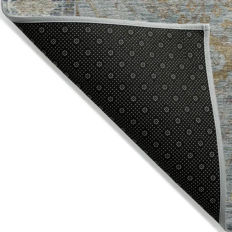 5' X 8' Teal Blue Gold And Beige Oriental Washable Indoor Outdoor Area Rug