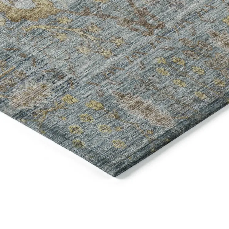 5' X 8' Teal Blue Gold And Beige Oriental Washable Indoor Outdoor Area Rug