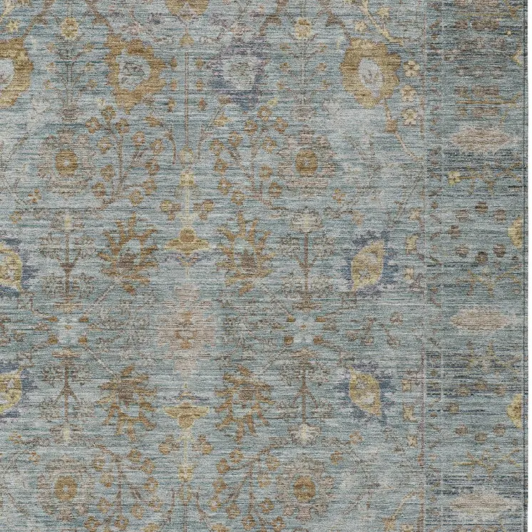 5' X 8' Teal Blue Gold And Beige Oriental Washable Indoor Outdoor Area Rug