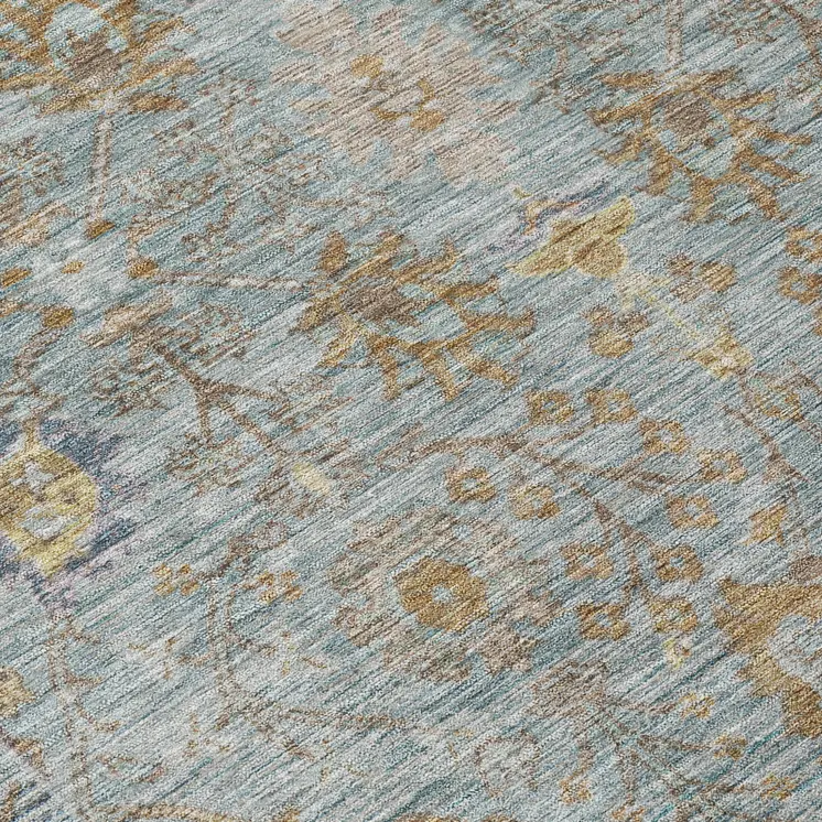 5' X 8' Teal Blue Gold And Beige Oriental Washable Indoor Outdoor Area Rug