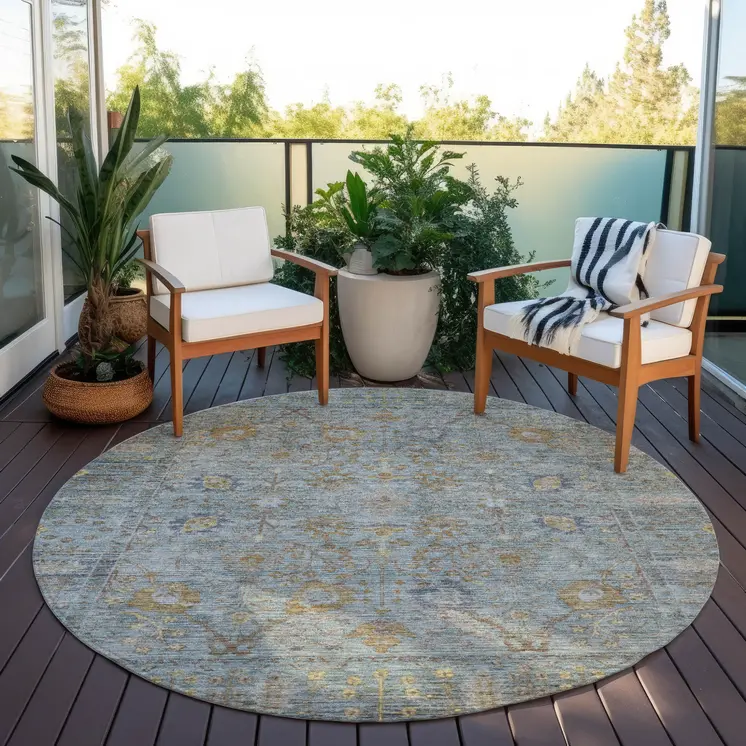 8' Teal Blue Gold And Beige Round Oriental Washable Indoor Outdoor Area Rug