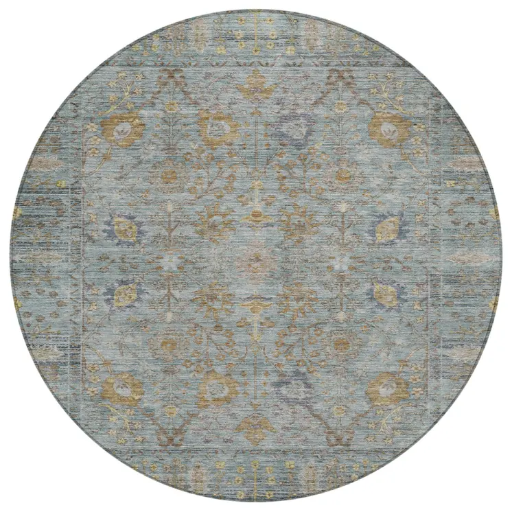 8' Teal Blue Gold And Beige Round Oriental Washable Indoor Outdoor Area Rug