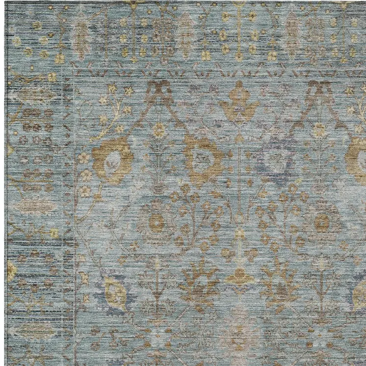 9' X 12' Teal Blue Gold And Beige Oriental Washable Indoor Outdoor Area Rug