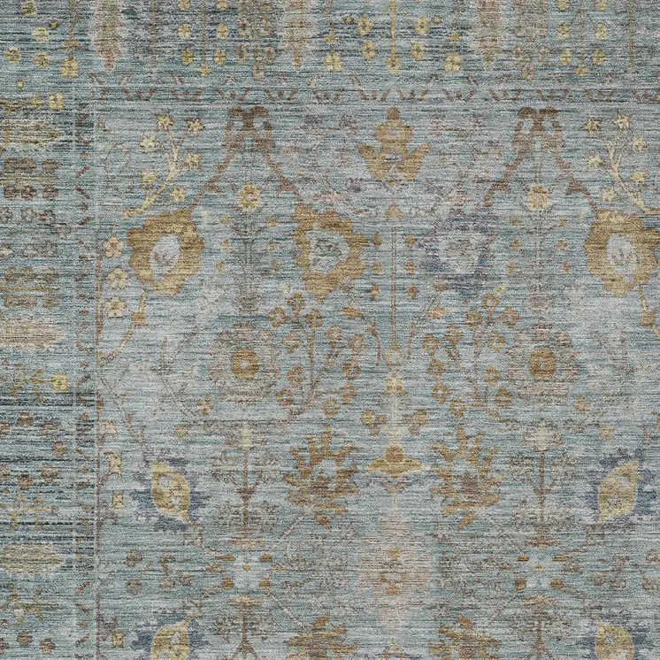 10' X 14' Teal Blue Gold And Beige Oriental Washable Indoor Outdoor Area Rug