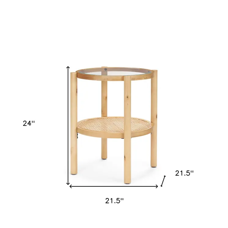 24" Clear and Light Brown Glass and Solid Wood Round End Table With Shelf