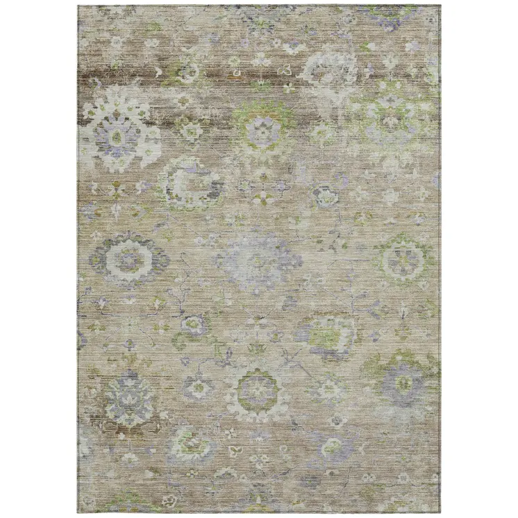 3' X 5' Beige Gray And Green Floral Washable Indoor Outdoor Area Rug