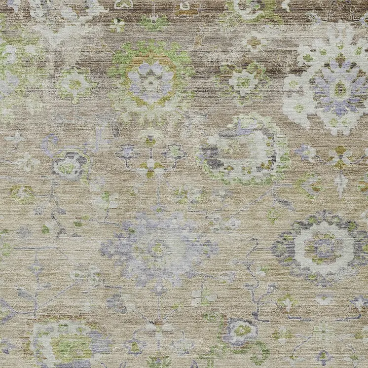 5' X 8' Beige Gray And Green Floral Washable Indoor Outdoor Area Rug