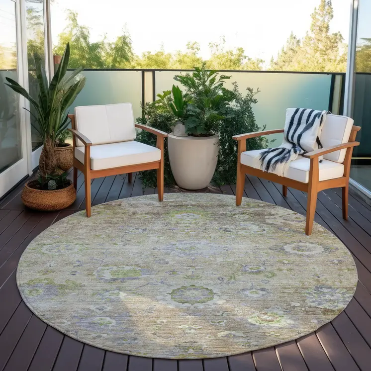 8' Beige Gray And Green Round Floral Washable Indoor Outdoor Area Rug