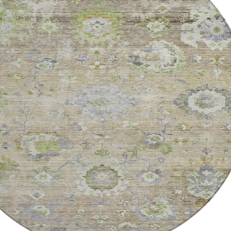 8' Beige Gray And Green Round Floral Washable Indoor Outdoor Area Rug