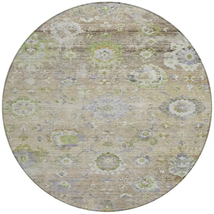 8' Beige Gray And Green Round Floral Washable Indoor Outdoor Area Rug