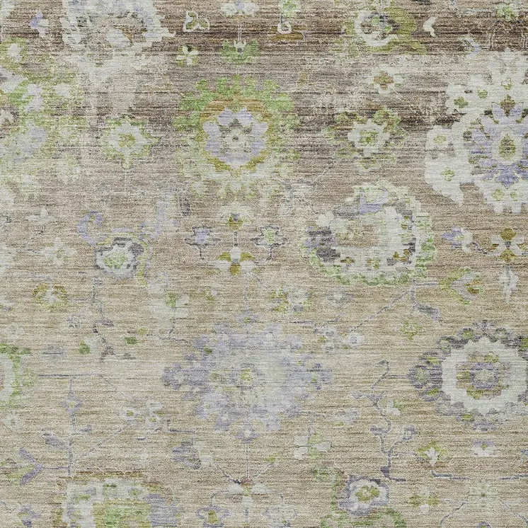 9' X 12' Beige Gray And Green Floral Washable Indoor Outdoor Area Rug