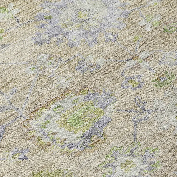 9' X 12' Beige Gray And Green Floral Washable Indoor Outdoor Area Rug