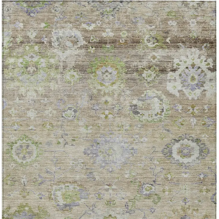 10' X 14' Beige Gray And Green Floral Washable Indoor Outdoor Area Rug