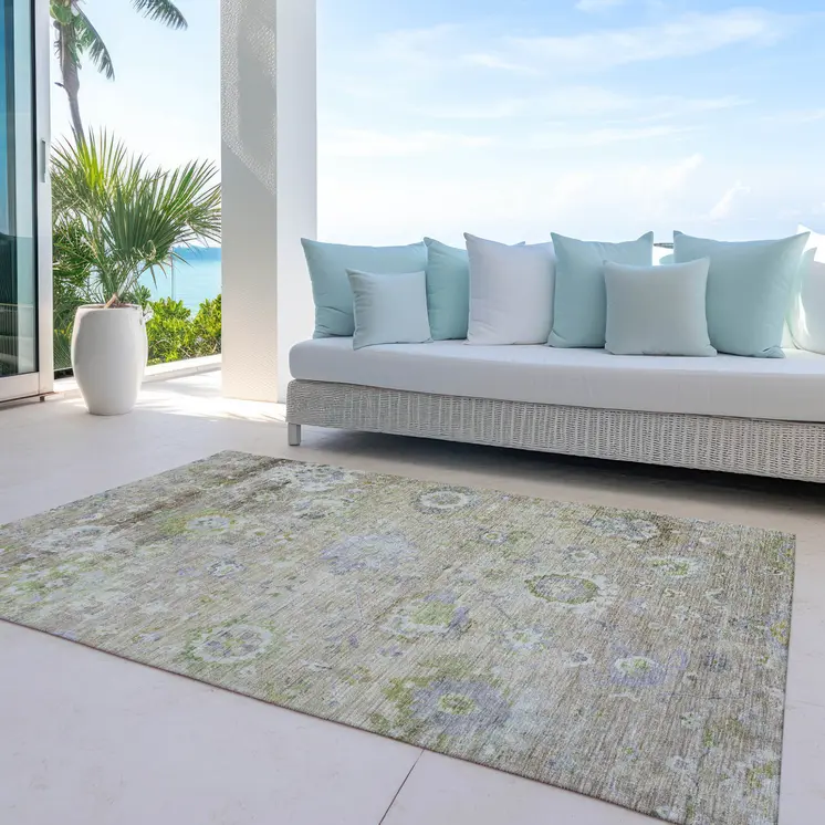 10' X 14' Beige Gray And Green Floral Washable Indoor Outdoor Area Rug