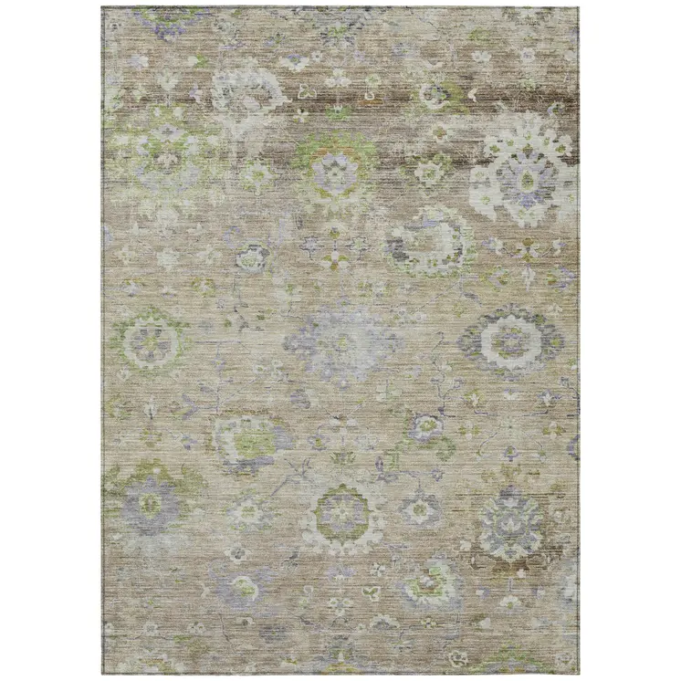 10' X 14' Beige Gray And Green Floral Washable Indoor Outdoor Area Rug