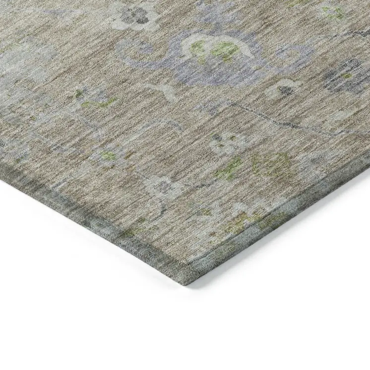 10' X 14' Beige Gray And Green Floral Washable Indoor Outdoor Area Rug