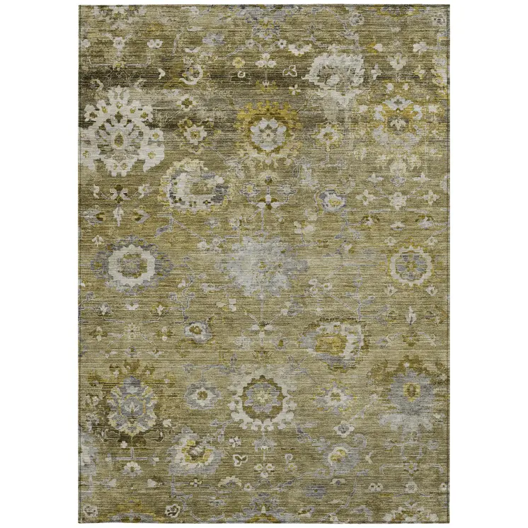 5' X 8' Brown Green And Gray Floral Washable Indoor Outdoor Area Rug