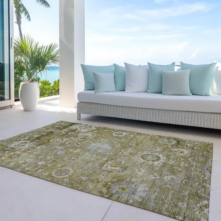 5' X 8' Brown Green And Gray Floral Washable Indoor Outdoor Area Rug