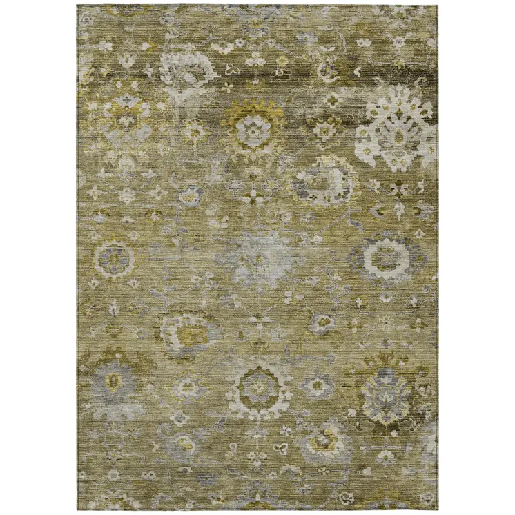 5' X 8' Brown Green And Gray Floral Washable Indoor Outdoor Area Rug