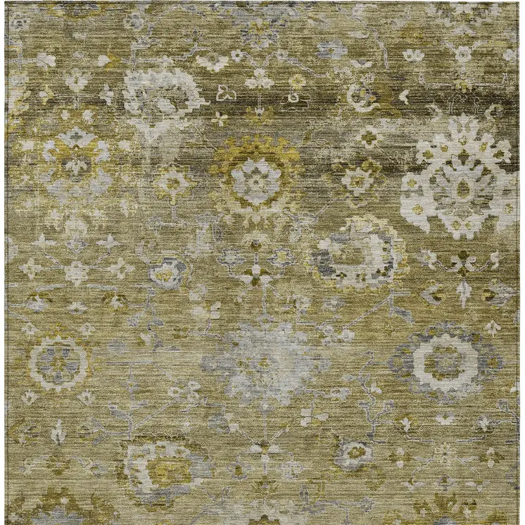 5' X 8' Brown Green And Gray Floral Washable Indoor Outdoor Area Rug