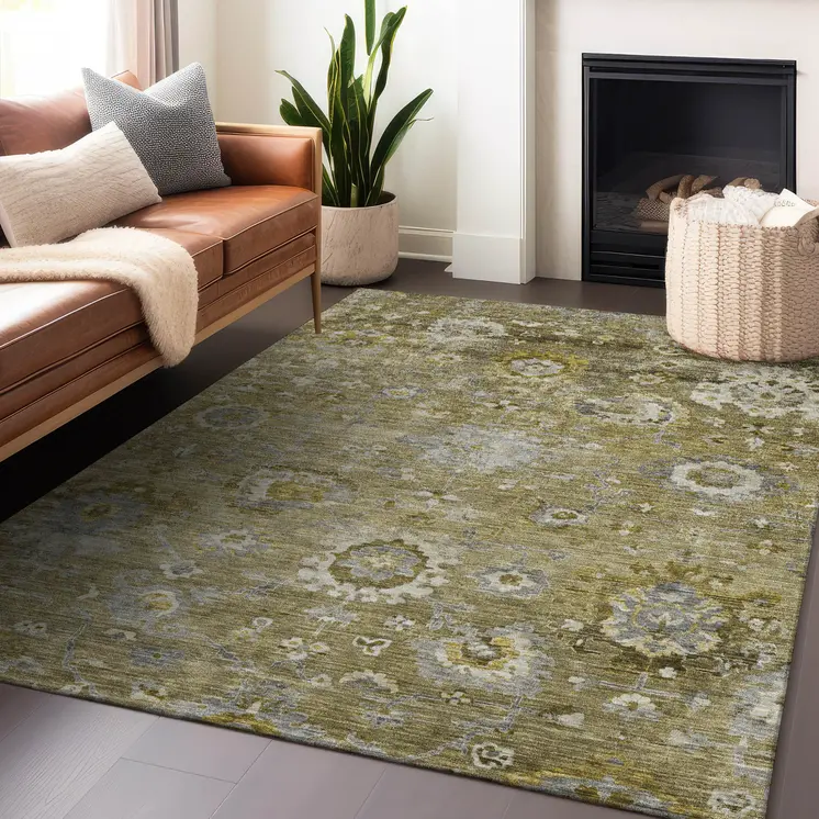 5' X 8' Brown Green And Gray Floral Washable Indoor Outdoor Area Rug