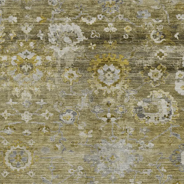 9' X 12' Brown Green And Gray Floral Washable Indoor Outdoor Area Rug