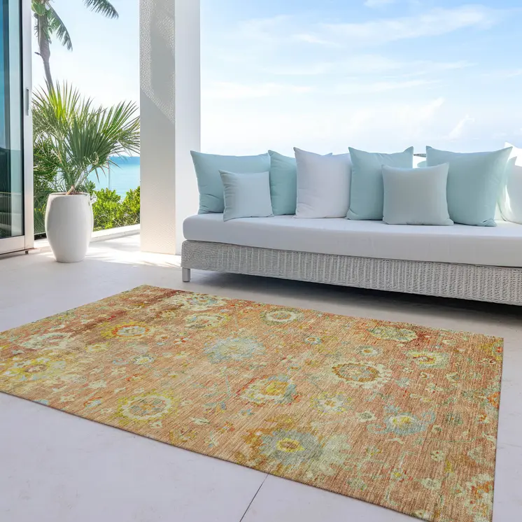 3' X 5' Coral Blue And Green Floral Washable Indoor Outdoor Area Rug